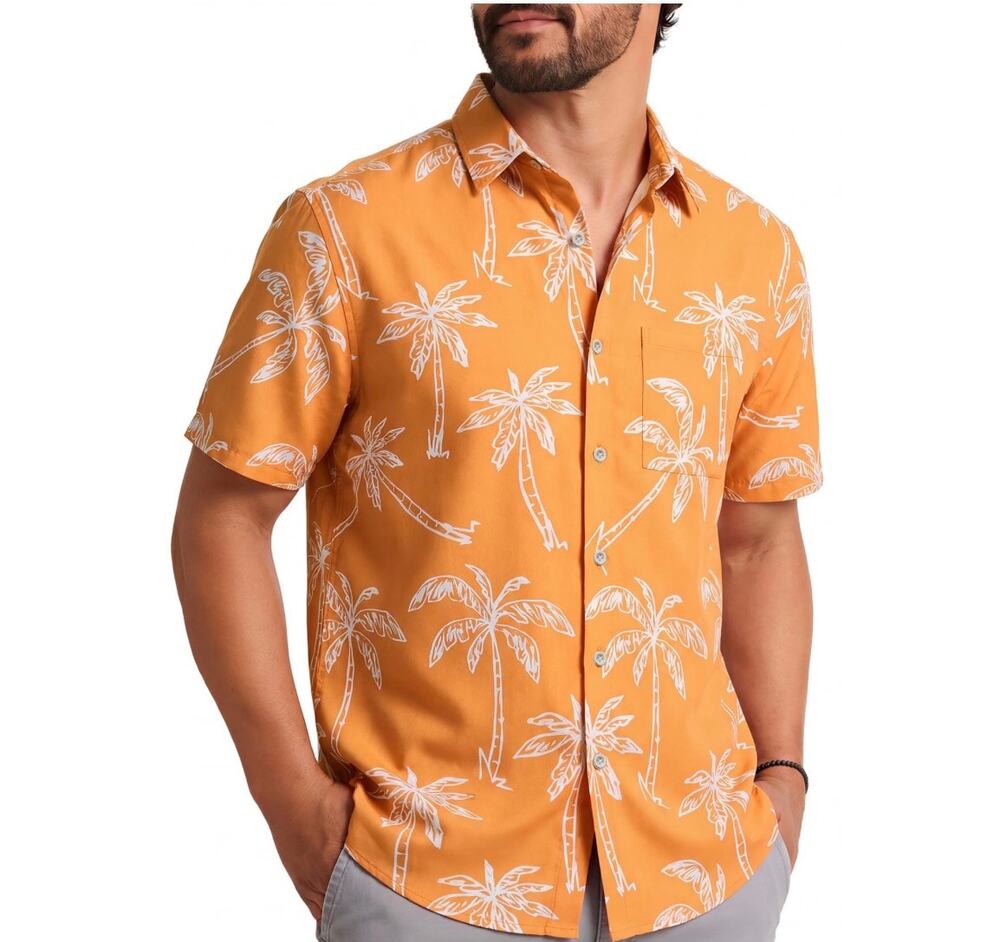 KYKU Men’s Hawaiian Shirt XL Orange Palm Tree Short Sleeve Button Down